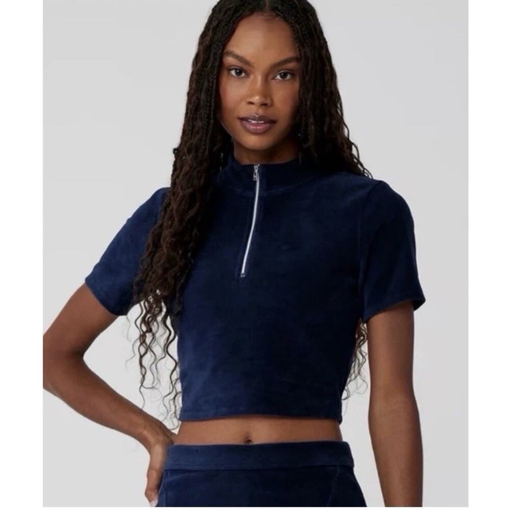 Alo Sweatshirt Cropped Micro Corduroy Winter Break Mock Neck Top Navy - Large - Picture 7 of 7
